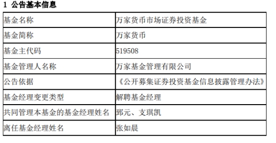 张如晨离任万家货币