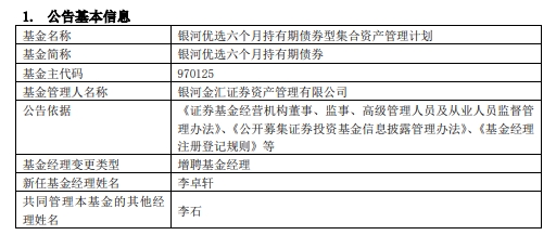 银河金汇证券资管2只基金增聘基金经理李卓轩