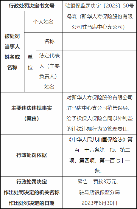 新华保险驻马店中支2宗违规被罚 销售误导等