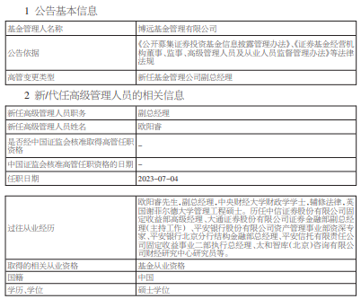 博远基金任命欧阳睿为副总经理