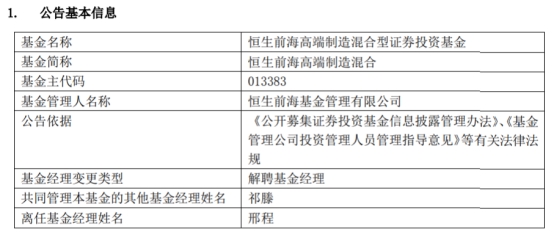 邢程离任恒生前海高端制造混合