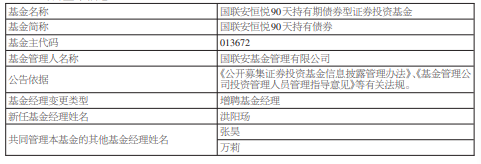 万莉离任国联安恒鑫3个月定开债券