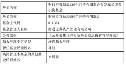 财通资管新添益6个月增聘基金经理马航