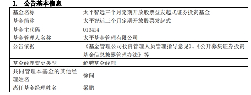 太平基金梁鹏离任3只基金