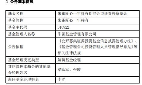 朱雀基金李洋离任2只混基 目前均亏损