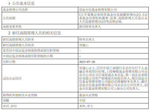 创金合信基金任命刘逸心为财务负责人