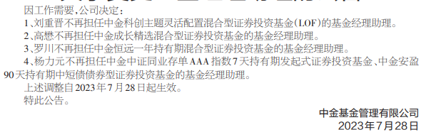 中金基金旗下5只基金变更基金经理助理