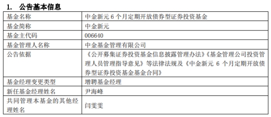 中金基金4只债基增聘基金经理尹海峰