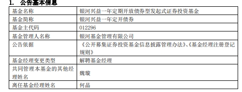 何晶离任银河兴益一年定开债券