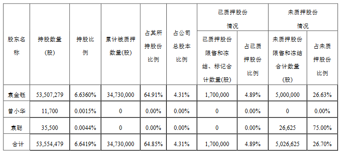 顺络电子：董事长袁金钰累计质押3473万股