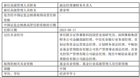 中邮基金任命唐亚明为副总经理兼财务负责人