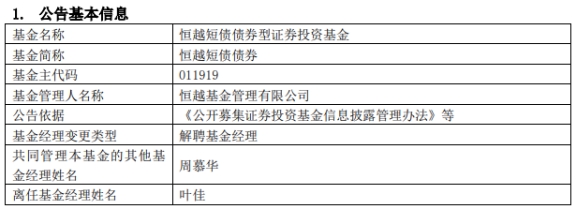 叶佳离任恒越短债债券