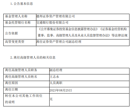 德邦证券资管副总经理王志永离职