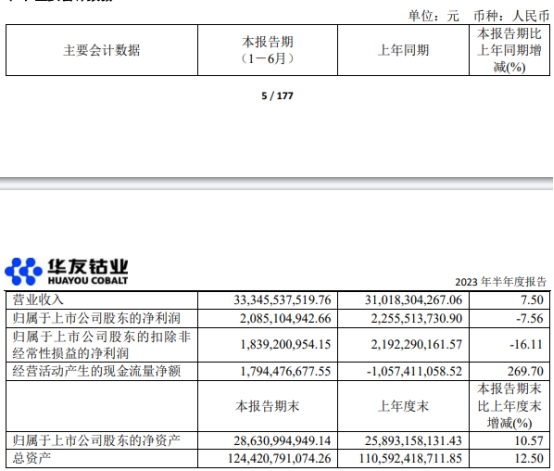 华友钴业H1营收增7.5%净利降7.56% 股价跌6.64%