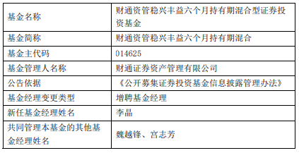 财通资管稳兴丰益六个月持有期混合增聘基金经理李晶