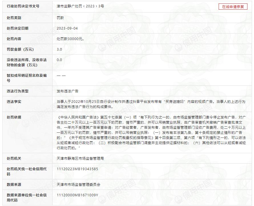 万达天津子公司发布违法广告被罚