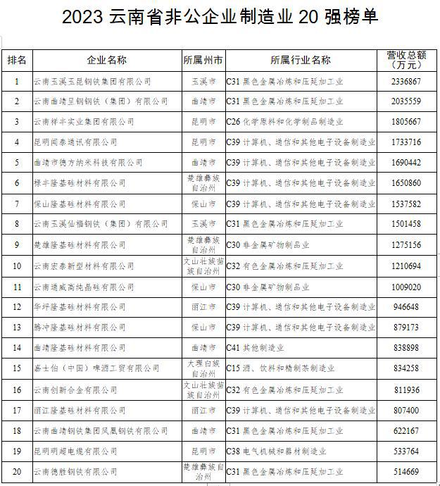 2023云南省非公企业100强发布！