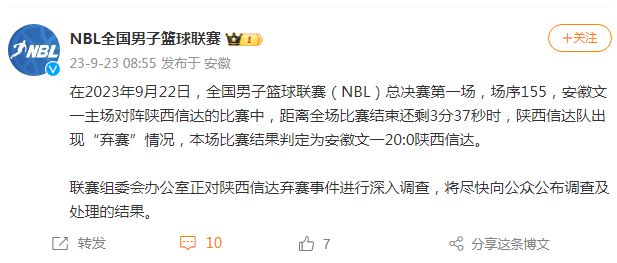 NBL官宣罚单：陕西信达总决赛首战弃赛被判0-20负 将继续深入调查