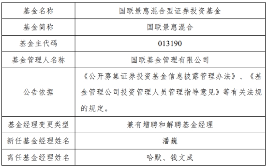 国联基金哈默与钱文成离任2只混基