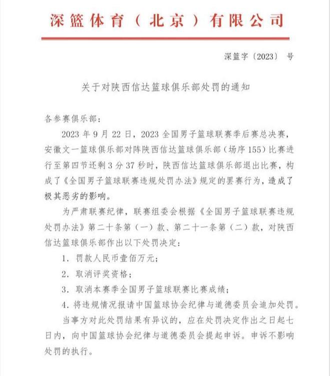 委屈！NBL罢赛风波仅罚陕西 罚足100万 陕西篮协主席公开表达不满