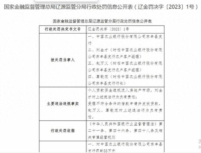 个贷资金违规流入房地产市场，农行一支行被罚55万元