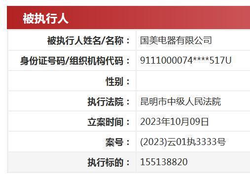 国美电器被强制执行1.55亿 10个月累计被执行超20亿