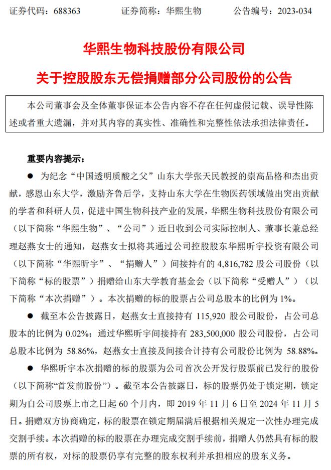 价值4亿元！华熙生物控股股东拟捐赠1%股份给山东大学教育基金会