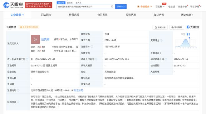 国家金融科技风控中心公司成立 注册资本1.9亿