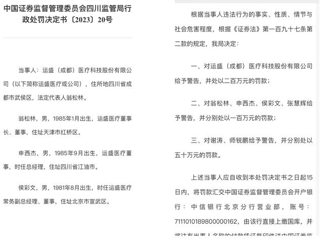 虚增业绩虚假信批被罚，原上市公司运盛医疗高管“哭穷”申辩未获支持