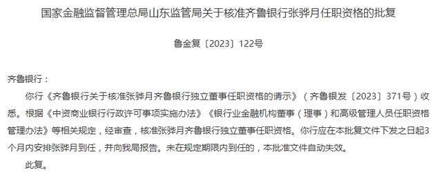 齐鲁银行多名董事、独董任职资格获批，吴旭春任首席信息官