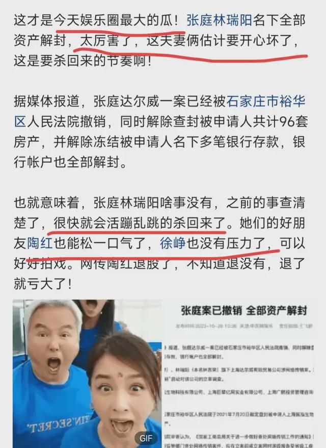 张庭林瑞阳解禁低调回国了，被查封的96套房产6亿现金如数归还？