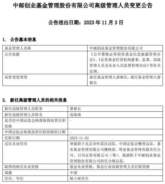 高海涛任中邮创业基金督察长