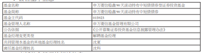 沈科离任申万菱信稳鑫90天滚动持有中短债债券