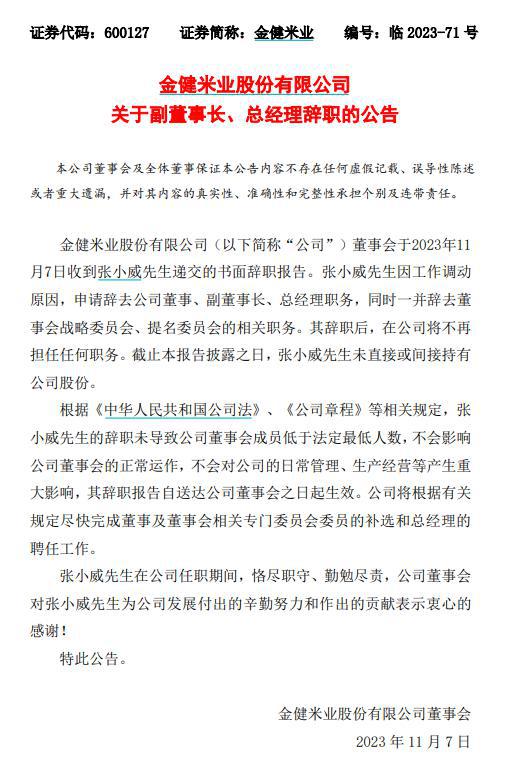 V观财报｜金健米业副董事长、总经理张小威辞职