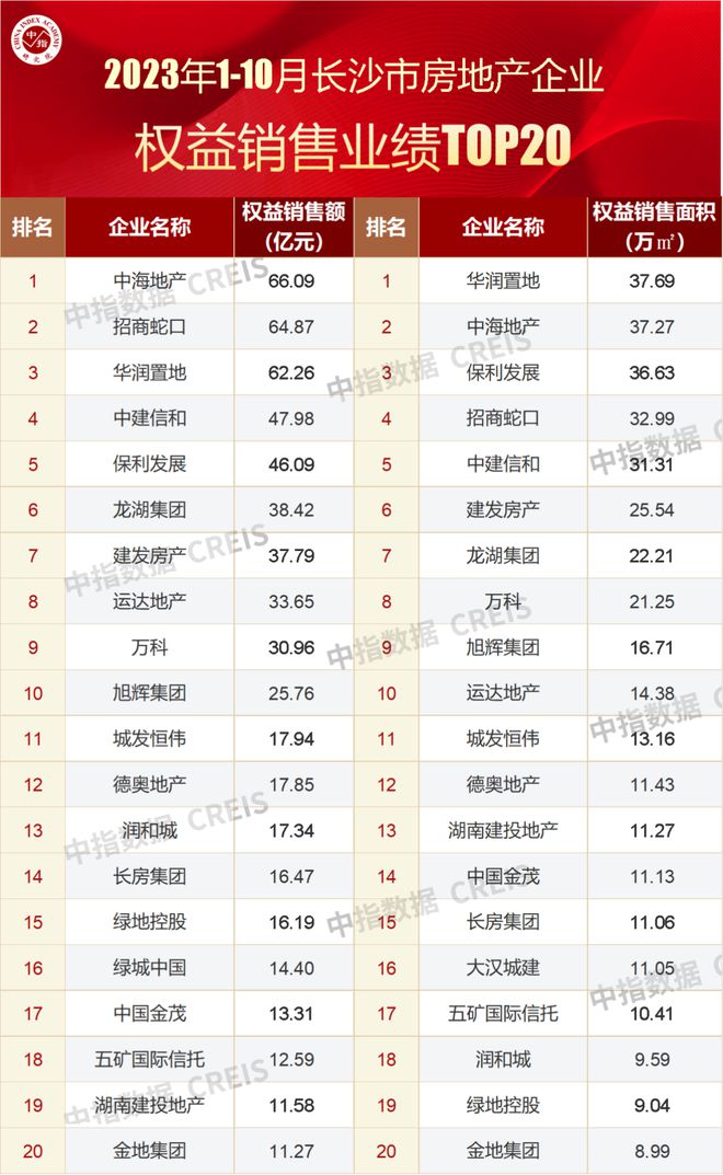 2023年1-10月长沙房地产企业销售业绩TOP20