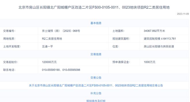12亿起，房山长阳住宅地块上架预申请