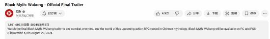 黑神话：悟空最终预告IGN看量超110万：各知名账号总看量破220万